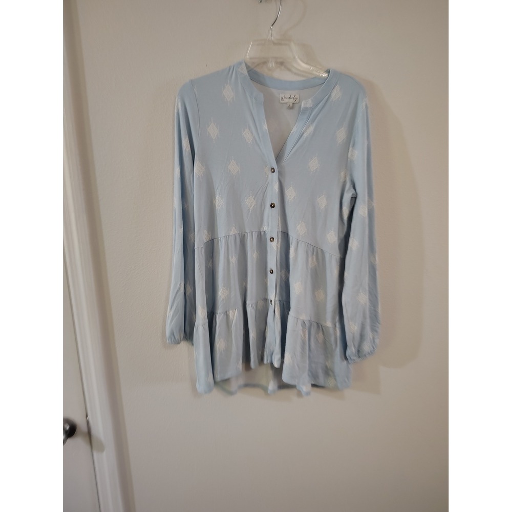 Wonderly Light Blue Diamond Print Tiered Tunic Blouse Long Sleeve Large